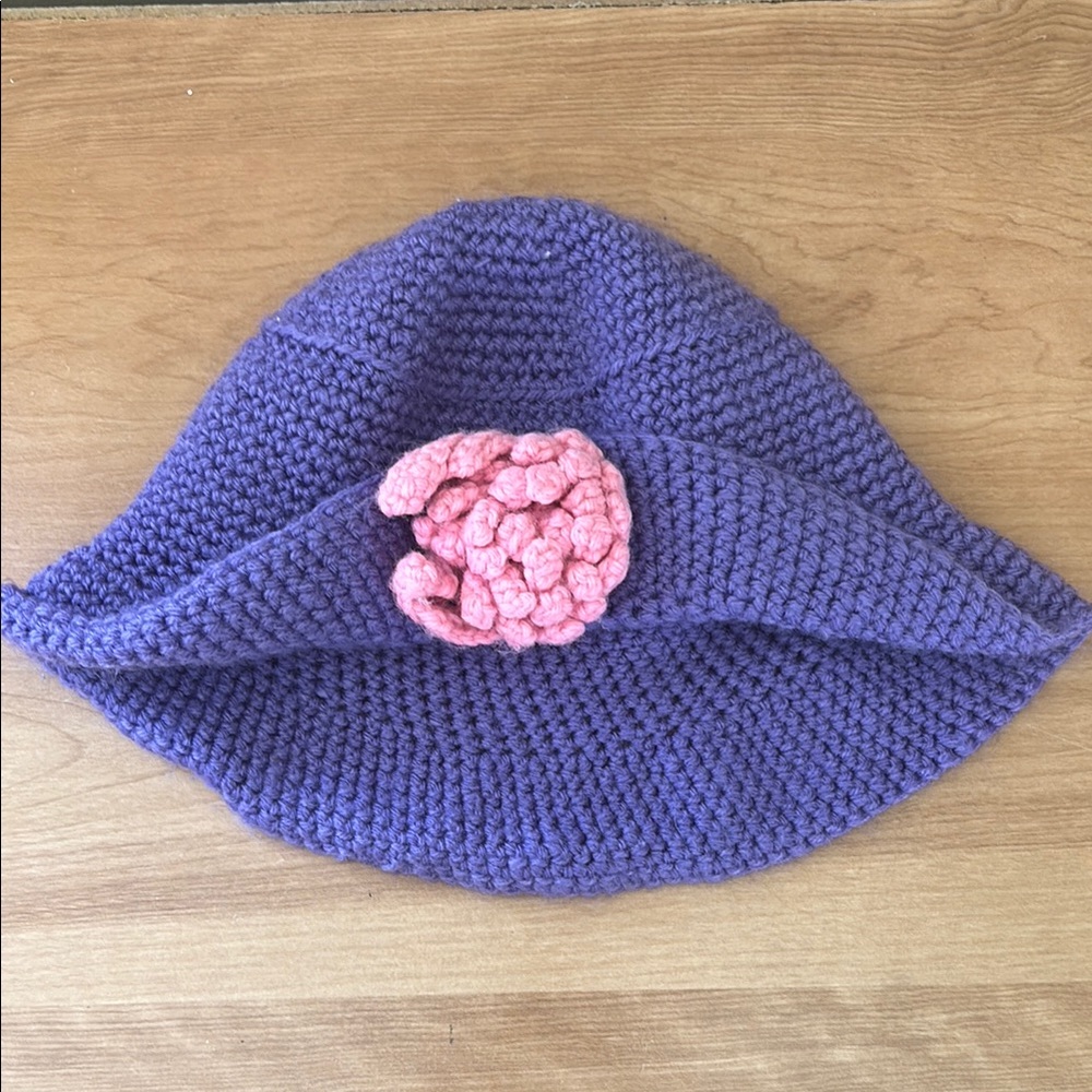 Purple Knit Kids Hat with Pink Flower